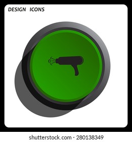hair dryer building. Blow Dryer . Hair Dryer. Hairdresser Symbol. icon. vector design Green Start button, forward, to continue. Flat design style.