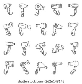 Hair dryer cartoon outline icons for bathroom grooming hairstyle beauty salon electric styling illustrations in modern household object style