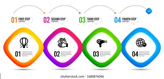 Hair dryer, Clapping hands and Time zone icons simple set. Timeline infographic. Air balloon sign. Hairdryer, Clap, World clock. Flight travel. Business set. Steps banner with hair dryer icon. Vector