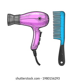hair dryer and comb color line art sketch engraving vector illustration. T-shirt apparel print design. Scratch board imitation. Black and white hand drawn image.