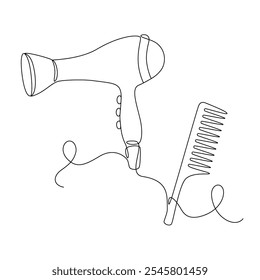 Hair dryer and comb drawn one continuous line in abstract minimalism style, beauty salon concept, editable vector contour.