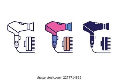 hair dryer and comb line and solid vector icons