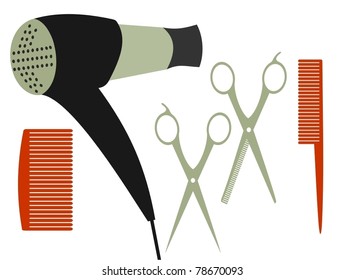 hair dryer, comb and scissors