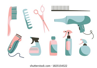 Hair dryer, combs, combs, scissors, hair clipper, styling sprays. Objects isolated on white background, cartoon style. Set of vector illustration.