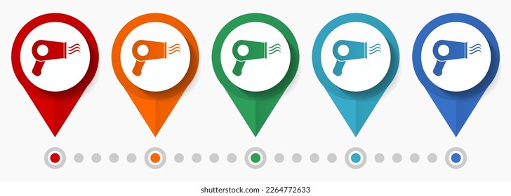 Diseño de secador de pelo conjunto de iconos vectoriales, punteros de diseño plano, plantilla infográfica fácil de editar