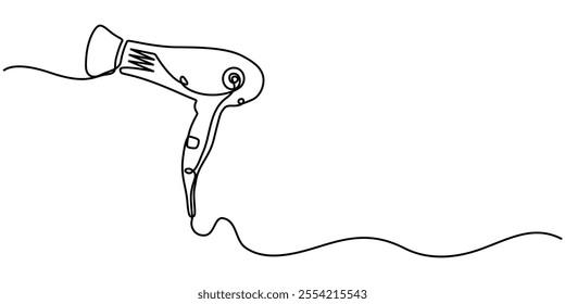 Hair Dryer Continuous Line Icon, One continuous line drawing of hair dryer electric home appliance. Woman electricity stuff household tools template concept. Trendy single line draw design vector. 