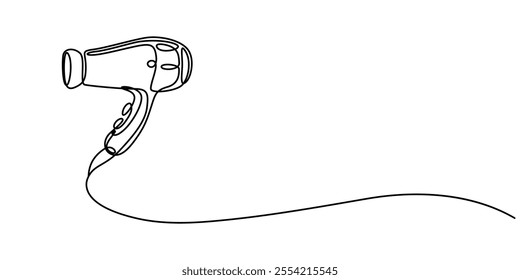 Hair Dryer Continuous Line Icon, One continuous line drawing of hair dryer electric home appliance. Woman electricity stuff household tools template concept. Trendy single line draw design vector. 