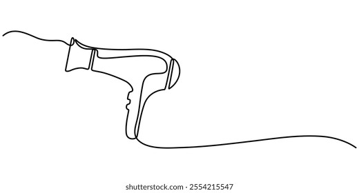 Hair Dryer Continuous Line Icon, One continuous line drawing of hair dryer electric home appliance. Woman electricity stuff household tools template concept. Trendy single line draw design vector. 