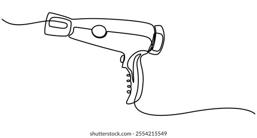 Hair Dryer Continuous Line Icon, One continuous line drawing of hair dryer electric home appliance. Woman electricity stuff household tools template concept. Trendy single line draw design vector. 