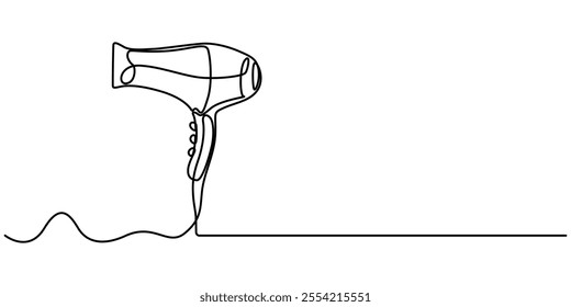 Hair Dryer Continuous Line Icon, One continuous line drawing of hair dryer electric home appliance. Woman electricity stuff household tools template concept. Trendy single line draw design vector. 