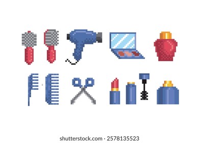 Hair dryer, cosmetics, perfume, scissors, comb, hairbrush pixel icons set. Design for logo, web, mobile app, sticker, badges and patches. Video game sprite. 8-bit. Isolated vector illustration.