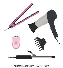 Hair dryer, curling iron and epilator on a white background. Vector flat illustration.