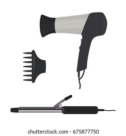 Hair dryer and curling iron on a white background. Vector flat illustration.