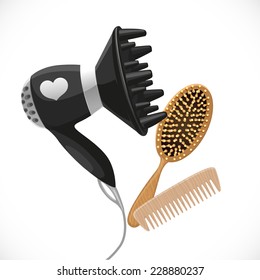 Hair dryer with diffuser and combs isolated on a white background