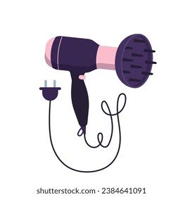 Hair dryer with diffuser vector illustration. Cartoon isolated electric device to blow and dry hair with hot air, modern beauty tool for curly girl method, blowdryer with plastic handle, wire and plug