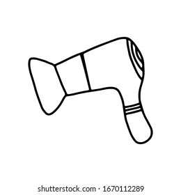 Hair dryer Doodle illustration.Black and white image isolated on a white background.Tools for hairdressers and care for women 's and men 's hair.Outline drawing by hand.Vector illustration
