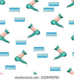 Hair dryer for drying hair. Seamless vector pattern with hair dryer and comb on a white background. Background design for beauty salon, hair salon