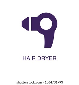 Hair dryer element in flat simple style on white background. Hair dryer icon, with text name concept template