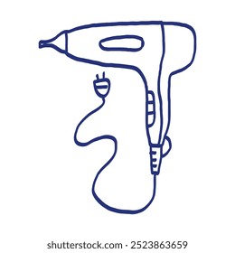 Haartrockner. Friseurausrüstung. Professionelles Tool. Handgezeichnete Skizze. Blaue Stift- oder Markierungszeichnung. Ein primitives Kinderbild. Vektorgrafik. Barbersymbol