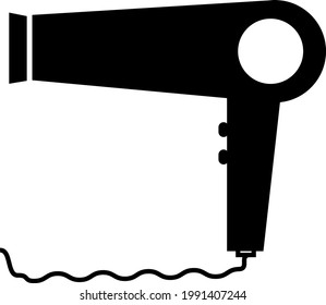 Hair dryer. Hairdrying with a hairdryer, hot air, cold air flow, hairdryer styling. Hair dryer, hairdressing accessories, beauty salon tools. Vector illustration black and white