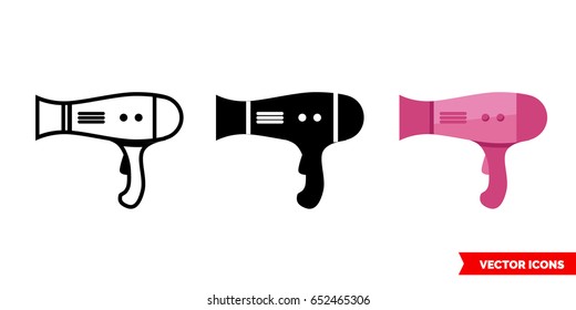 Hair dryer icon of 3 types: color, black and white, outline. Isolated vector sign symbol.