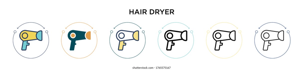 Icono del secador de pelo en el estilo relleno, delgado, contorno y trazo. Ilustración vectorial de dos diseños de iconos vectoriales coloreados y negros se pueden utilizar para móviles, ui, web
