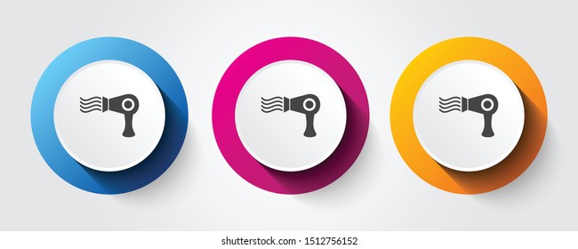 Hair Dryer icon on three colorful buttons.