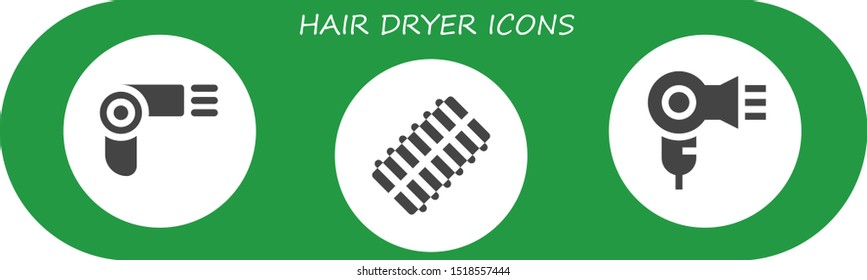 hair dryer icon set. 3 filled hair dryer icons.  Collection Of - Hairdryer, Hair curler, dryer icons