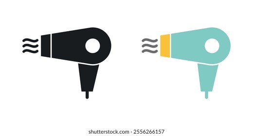 Hair dryer icon set in black and colored versions.