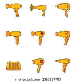 Hair dryer icon set. Outline set of hair dryer vector icons thin line color flat on white