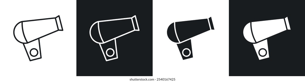 Hair dryer icon set. Vector symbols in black and white colors.