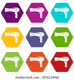 Hair dryer icons 9 set coloful isolated on white for web