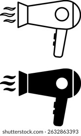 Ícones de secador de cabelo. Ilustração de vetor em preto e branco. Gadget, Tecnologia. Ferramenta profissional para uso em salões de cabelo e barbearias. Conceito do dispositivo
