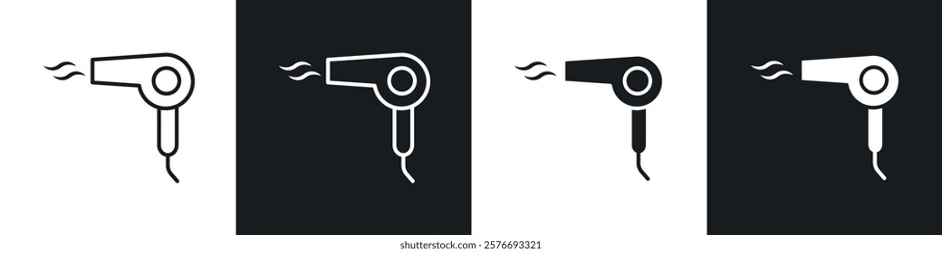 Hair dryer icons collection in black and white solid and line style