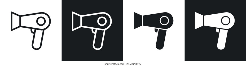 Hair dryer icons pack in black and white filled and outlined versions.