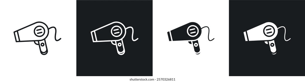 Hair dryer icons vectors set in black. line and flat versions