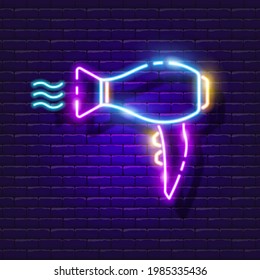 Hair dryer neon sign. Vector illustration for design. Beauty technique. Beauty salon concept.