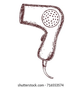 Hair dryer on white background, sketch illustration. Vector