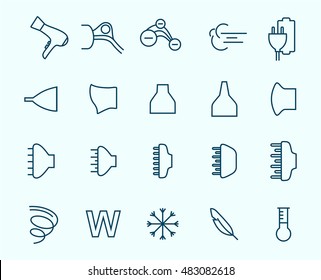 Hair dryer properties icons. Thine line icon set