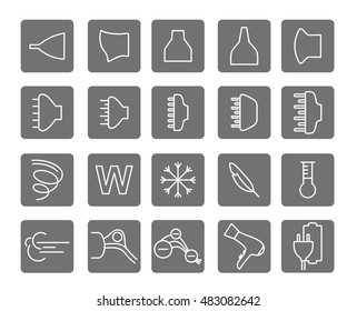 Hair dryer properties icons. Thine line icon set