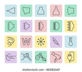 Hair dryer properties icons. Thine line icon set