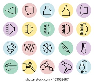 Hair dryer properties icons. Thine line icon set