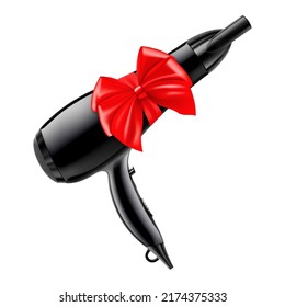 Hair dryer with red ribbon and bow. 3D rendering. Gift concept. Realistic vector illustration isolated on white background