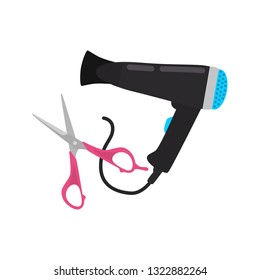 Hair dryer and scissors color vector icon. Flat design