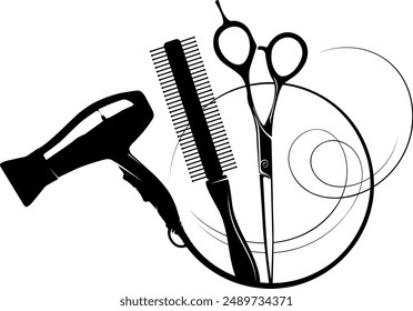 Hair dryer scissors comb symbol sign frame for beauty salon