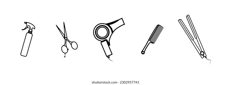 Hair dryer, scissors, water sprayer for hair, comb and hair straightener. Hairdressing accessories.