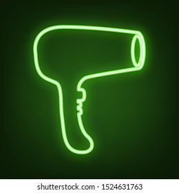 Hair Dryer sign. Green neon icon in the dark. Blurred lightening. Illustration.