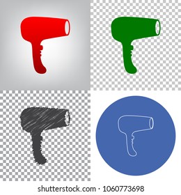 Hair Dryer sign. Vector. 4 styles. Red gradient in radial lighted background, green flat and gray scribble icons on transparent and linear one in blue circle.