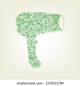 Hair Dryer sign. Vector. Green hexagon rastered icon and noised opacity and size at light green background with central light.