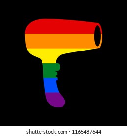 Hair Dryer sign. Vector. Icon with colors of LGBT flag at black background.
